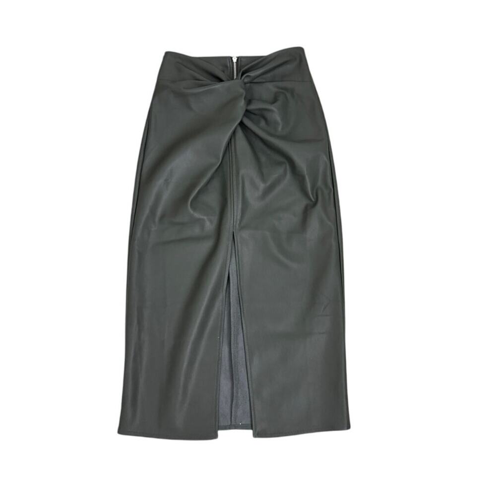 NWT Kirious Faux Leather High Rise Zip Back Festive Olive Green Midi Skirt XS - Picture 2 of 5